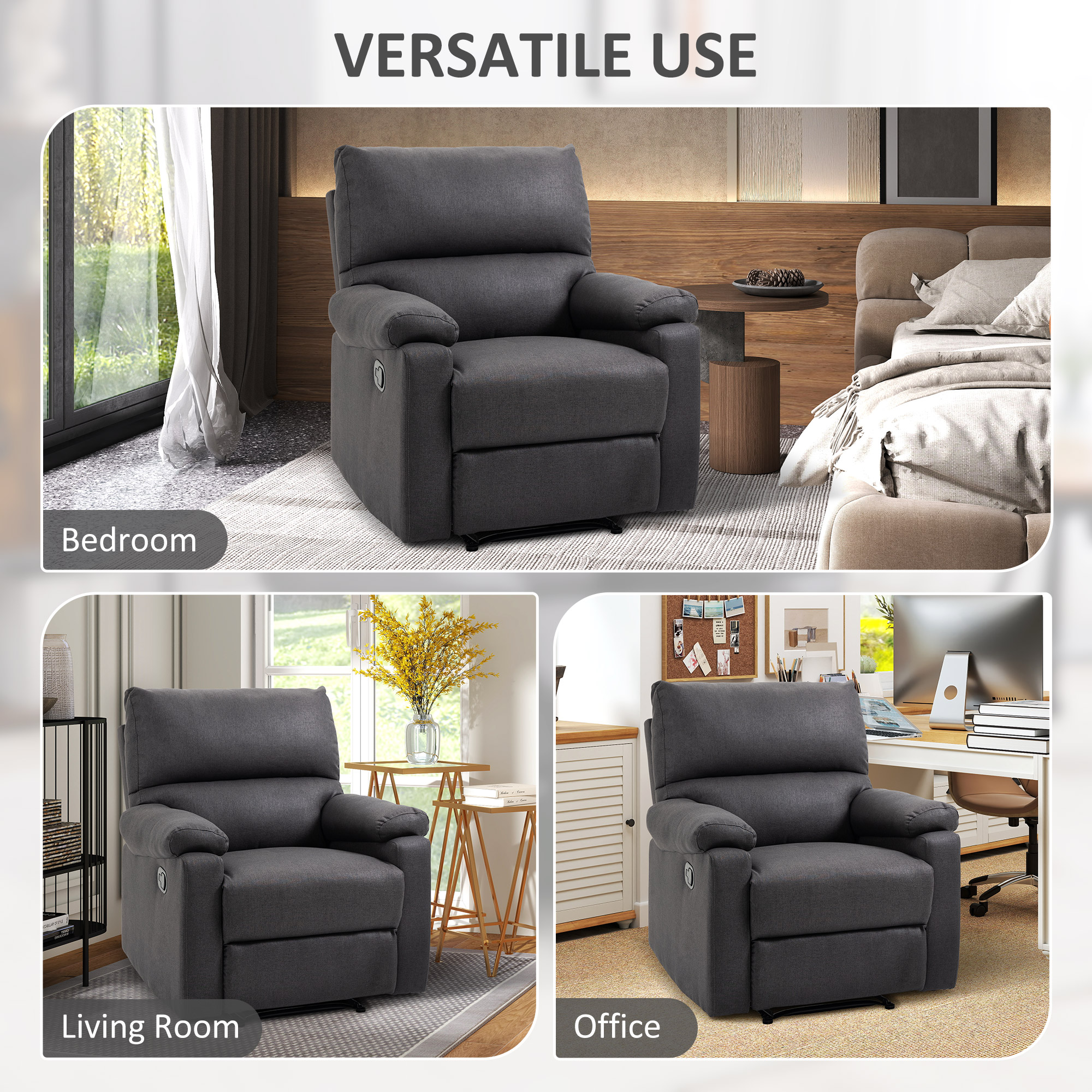 Recliner Chair, Manual Reclining Chair with Footrest, Padded Seat for Living Room, Bedroom, Study, Dark Grey - Image 5