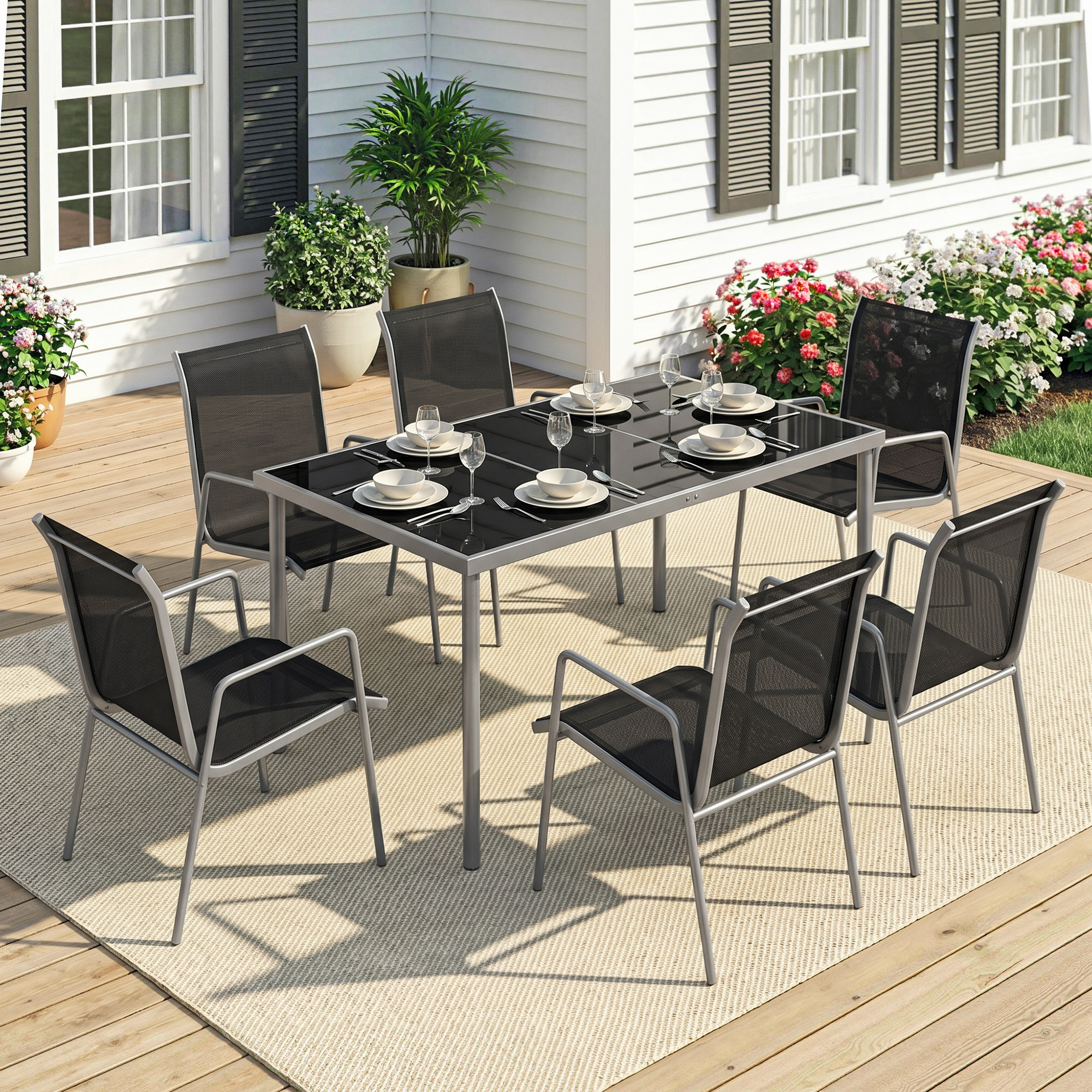 7 Piece Garden Dining Set, Garden Furniture Set with Rectangle Table and 6 Stackable Chairs - Image 6