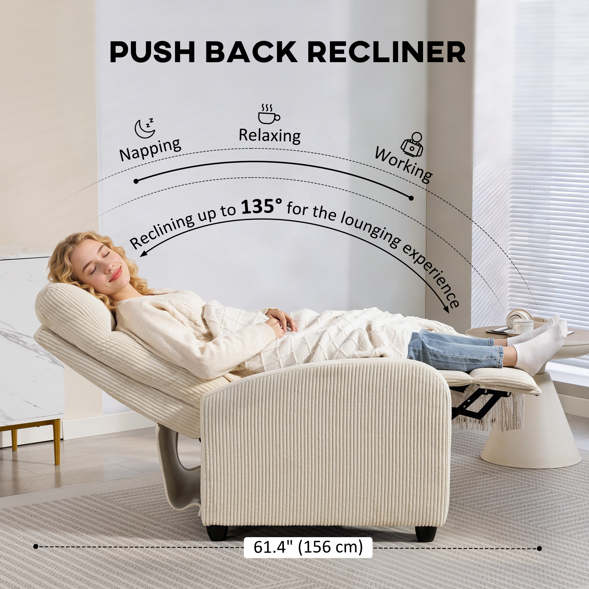 Fabric Recliner Chair Manual Home Theater Seating Single Reclining Sofa Chair with Padded Seat for Living Room, Beige - Image 2