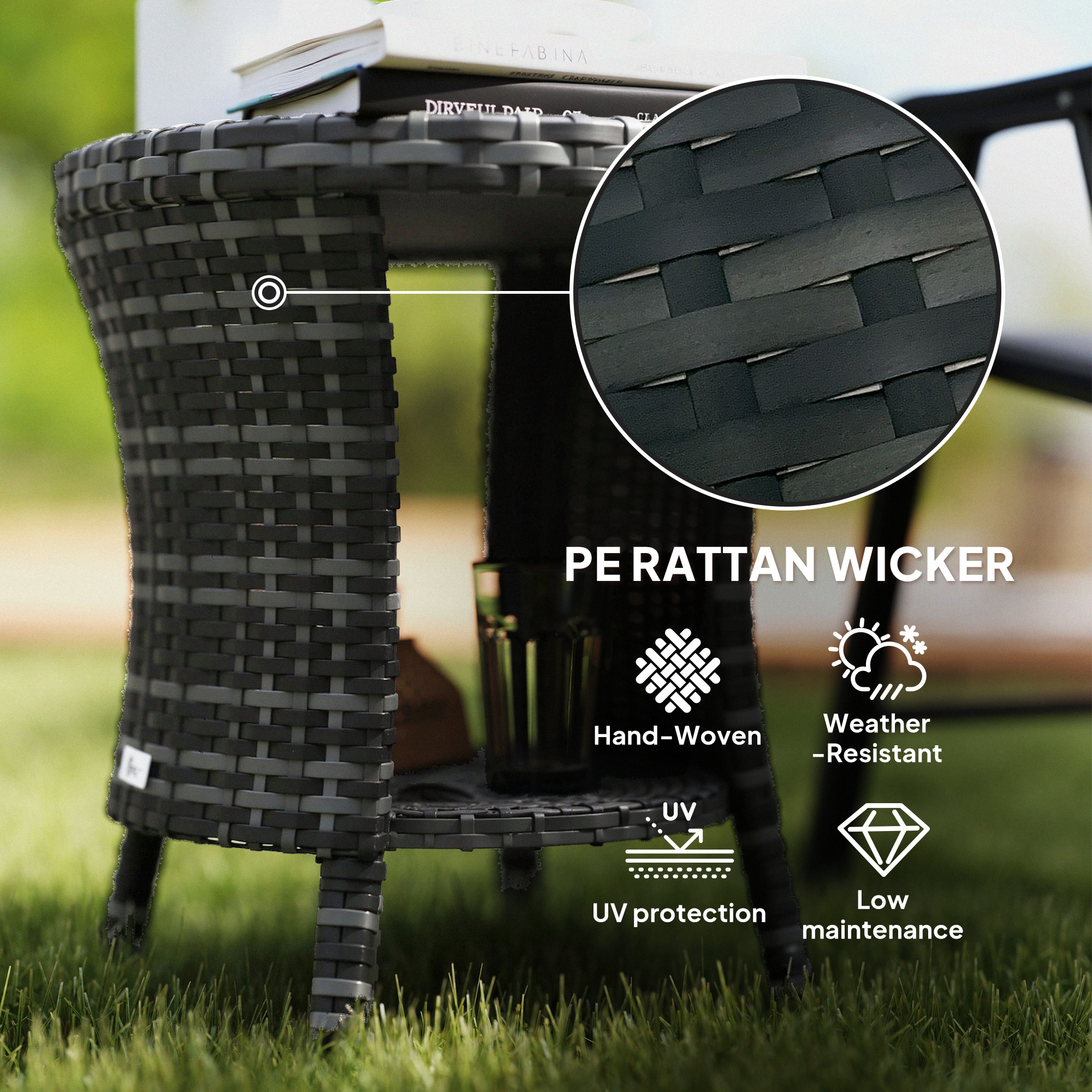18" Wicker Outdoor Coffee Table, PE Rattan Patio Side Table with 2-Tier Storage, Composite Wood Top, Grey - Image 3