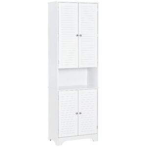 Tall Bathroom Storage Cabinet, Slim Bathroom Cabinet with 4 Shutter Doors and Adjustable Shelves, Toilet Vanity Cabinet, Narrow Organizer, White
