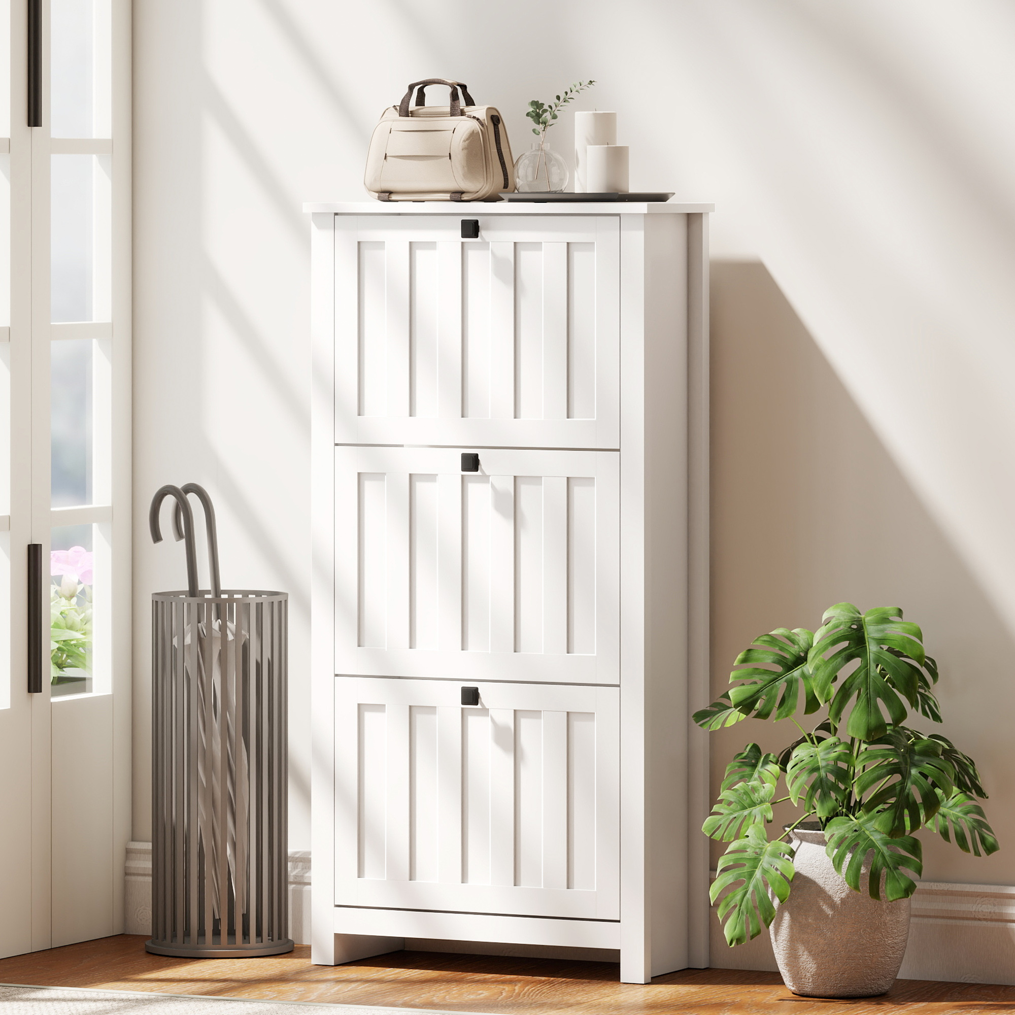 Slim Shoe Cabinet with 3 Flip Drawers, Shoe Storage Cabinet with Adjustable Shelves for Entryway, Holds 12 Pairs, White - Image 6