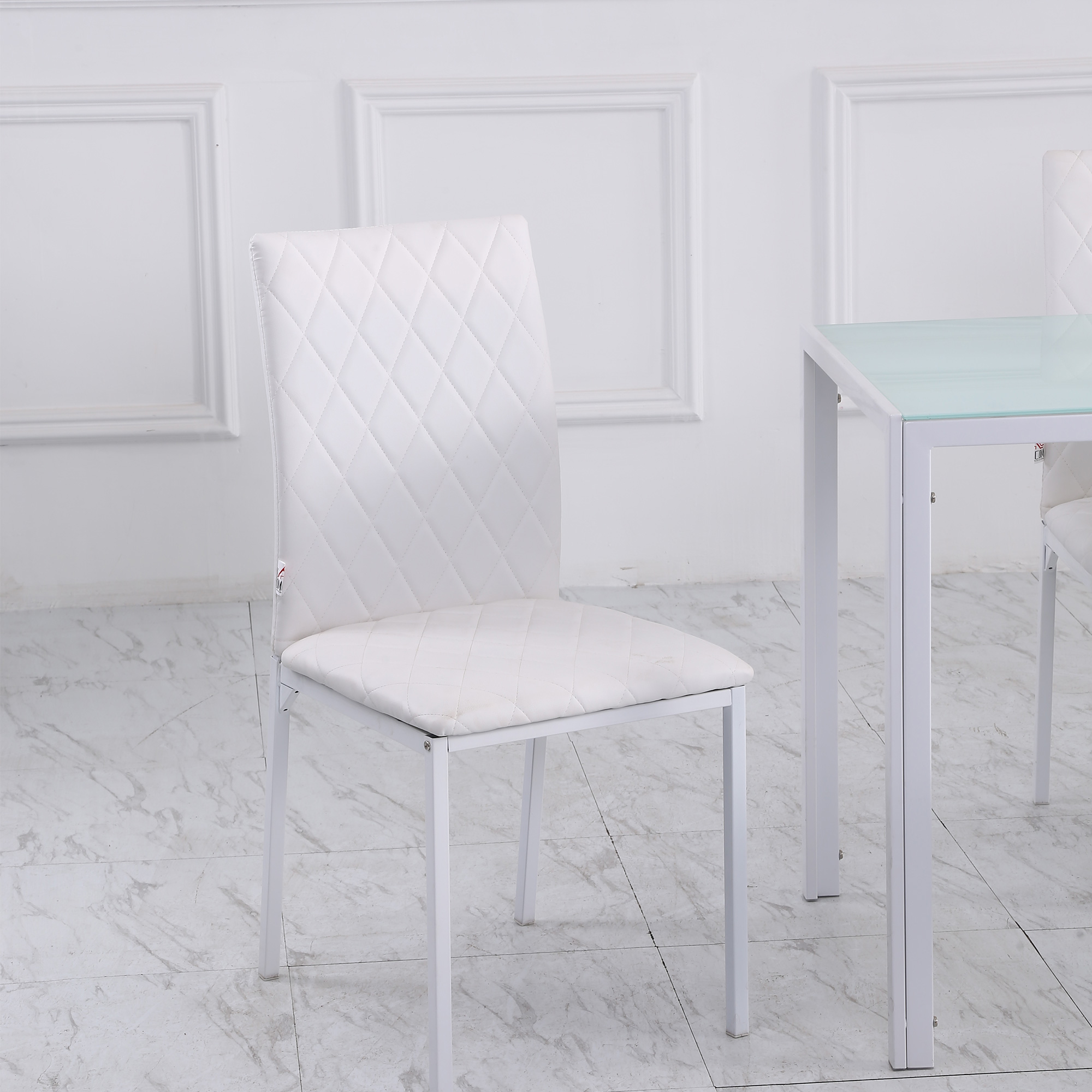 Modern Dining Chairs Set of 4, Upholstered Faux Leather Kitchen Chairs with Rhombic Tufting and Metal Legs for Living Room, White - Image 5