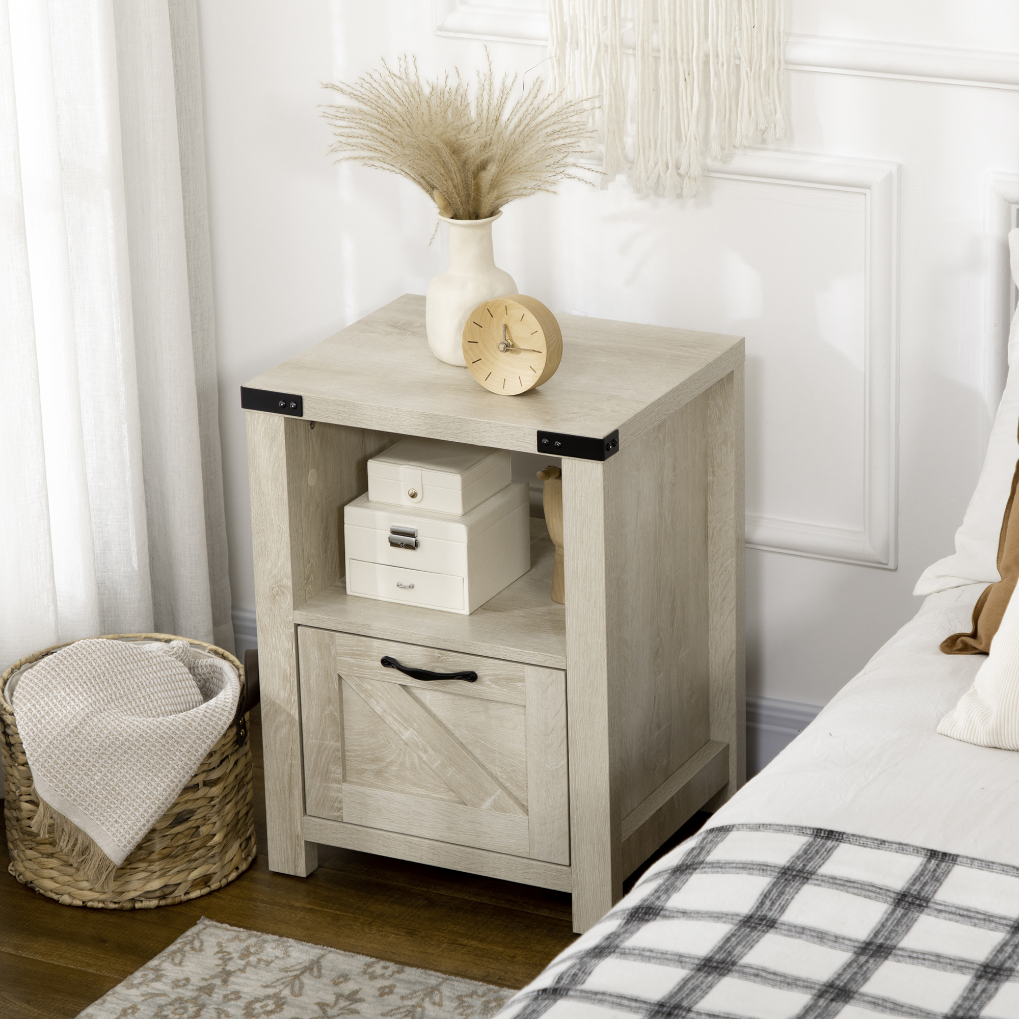 Side Table with Storage, Farmhouse End Table with Drawer, Open Shelf and Barn-style Panel, Nightstand for Living Room, Bedroom, Oak - Image 6