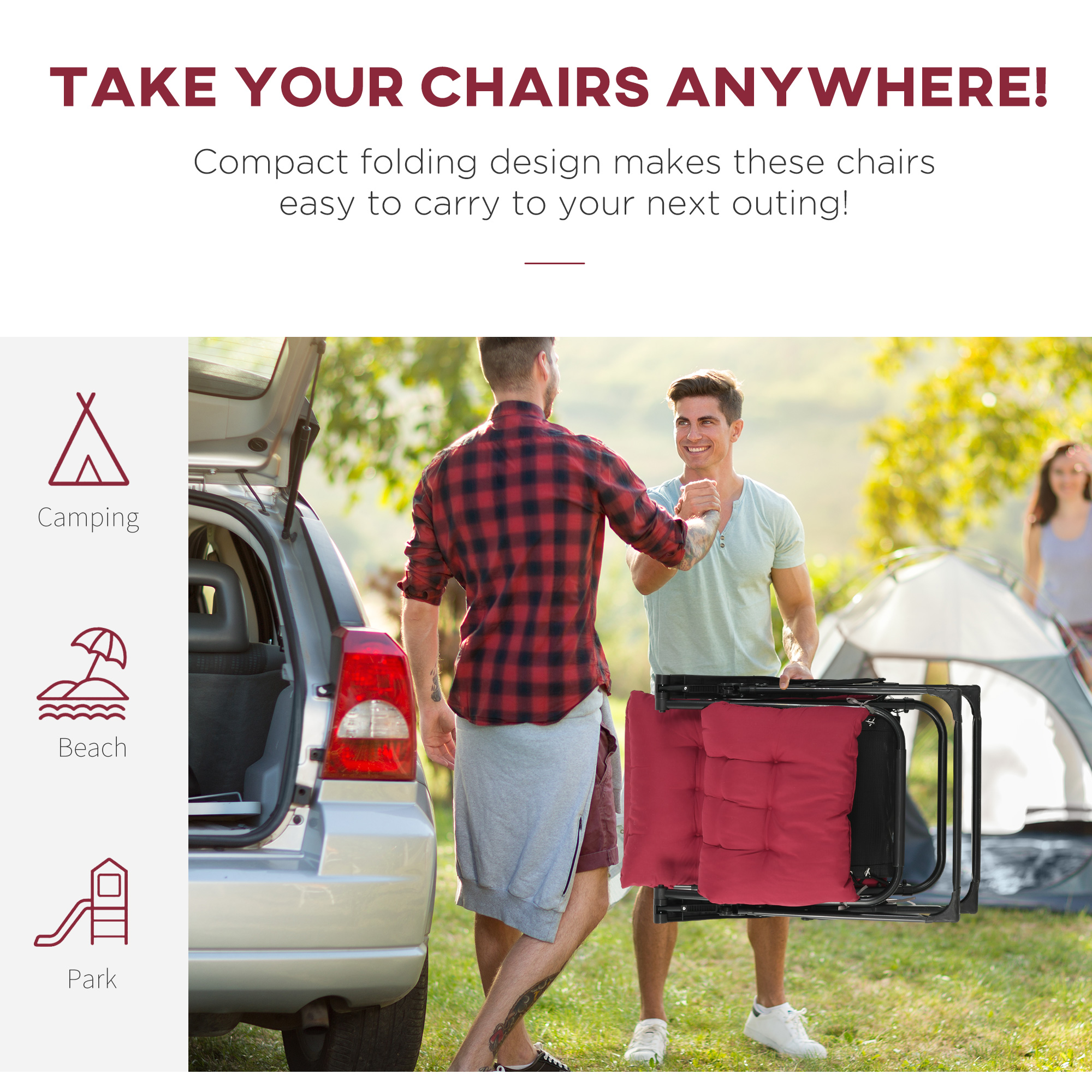 Folding Garden Chairs Set of 2, Reclining Zero Gravity Chair, Sun Lounger with Cushion and Headrest, Wine Red - Image 3