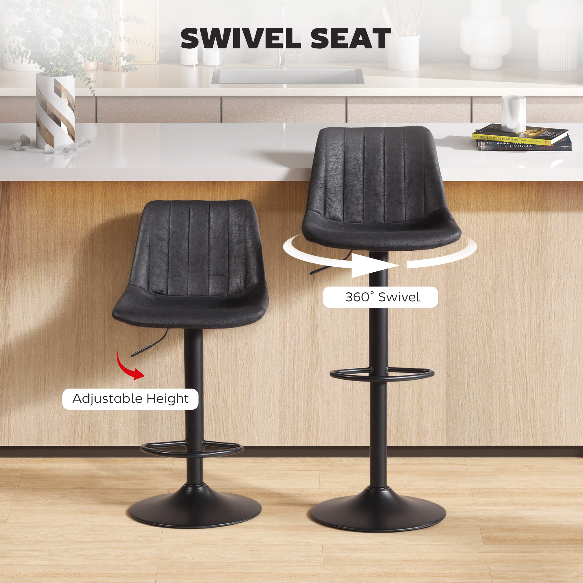 Counter Height Bar Stools Set of 2, Adjustable Height Bar Chairs with Swivel Seat, Leathaire Upholstery, Black - Image 2