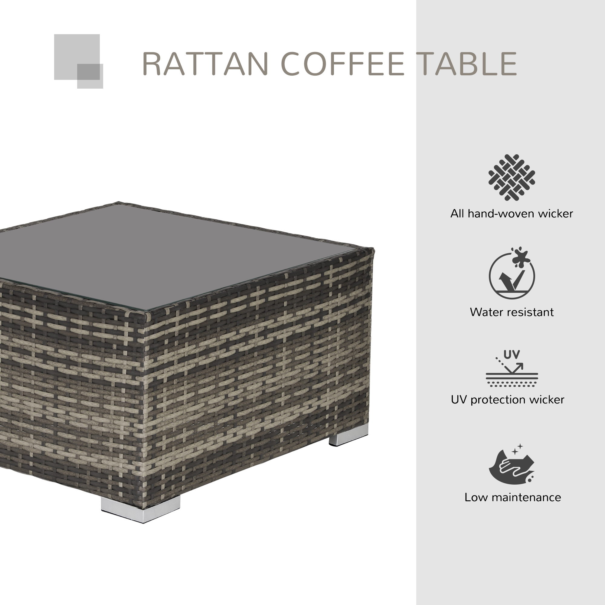 Rattan Garden Coffee Table, 25.6" Square Garden Rattan Table with Tempered Glass Top, Deep Grey - Image 2