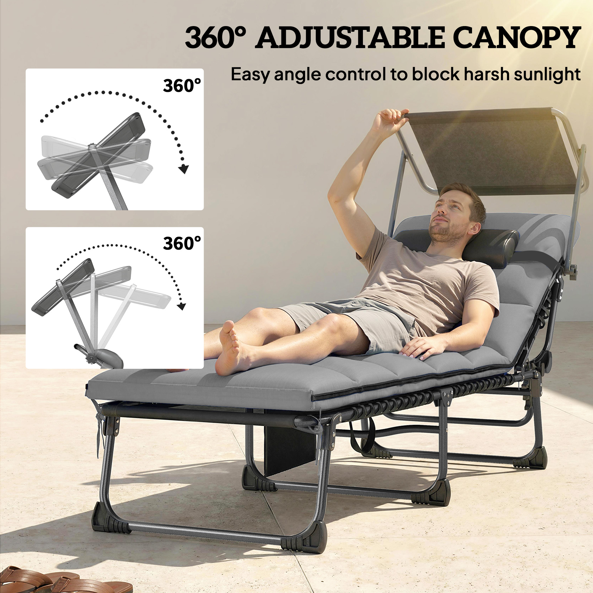 Lounge Chair Outdoor, Folding Chaise Lounge with 5-Level Adjustable Back, Cushion, Side Pocket and Headrest - Image 3