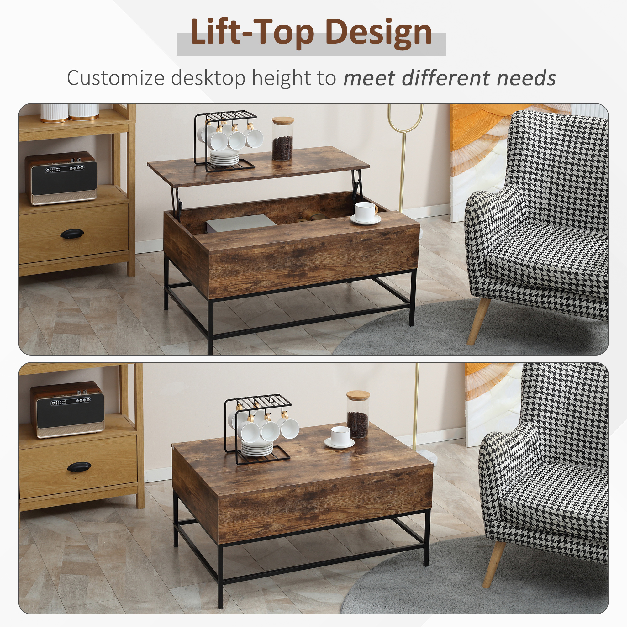 Lift Top Coffee Table with Hidden Storage Compartment Lift Tabletop Center Table for Living Room, Rustic Brown - Image 2