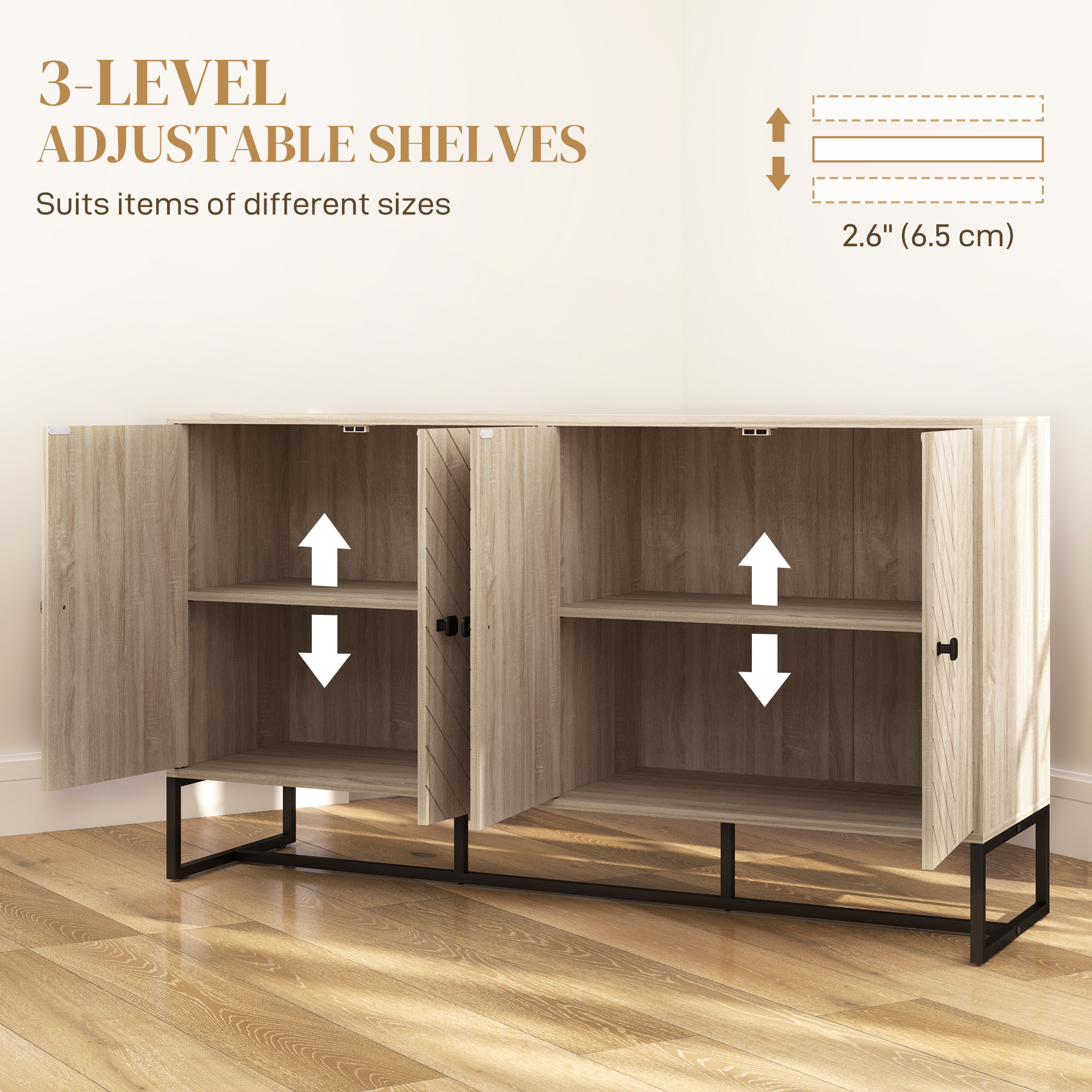 Sideboard Buffet Cabinet with 2 Adjustable Shelves and Steel Base, TV Stand, Coffee Bar Cabinet for Living Room, Oak - Image 3