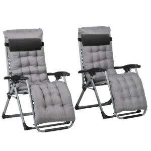 Folding Garden Chairs Set of 2, Reclining Zero Gravity Chair, Sun Lounger with Cushion and Headrest, Dark Grey