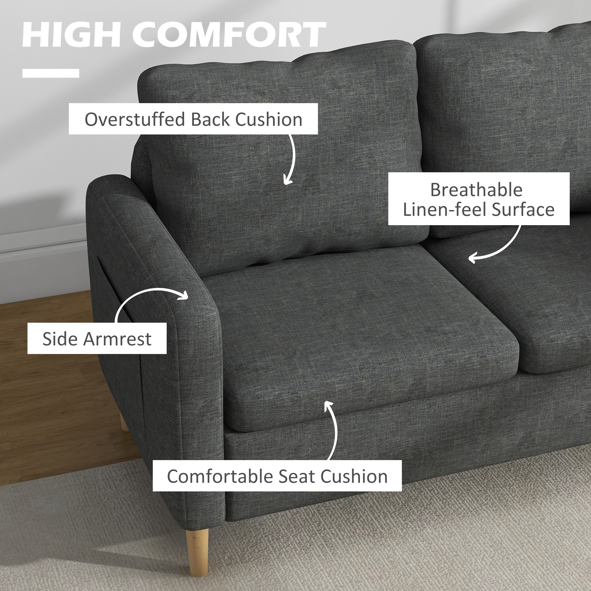 56" 2 Seat Sofa, Modern Love Seats Furniture, Upholstered 2 Seater Couch with Side Pockets, Solid Wood Frame, Grey - Image 3