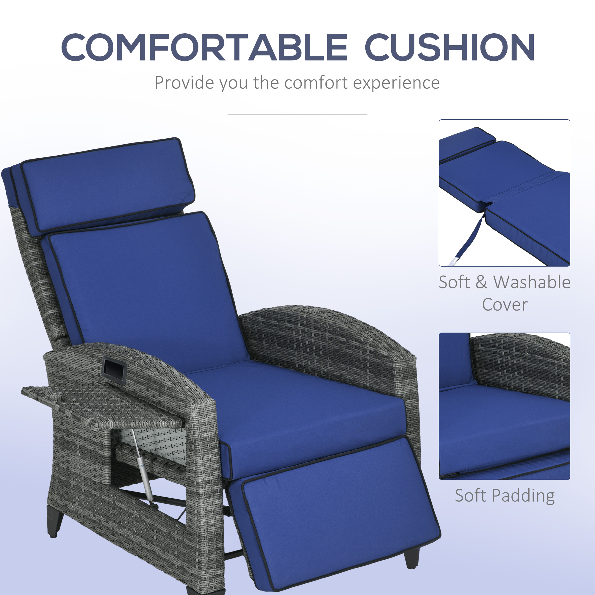 Outdoor Recliner Chair with Adjustable Backrest, Cushion, Side Tray, Dark Blue - Image 5