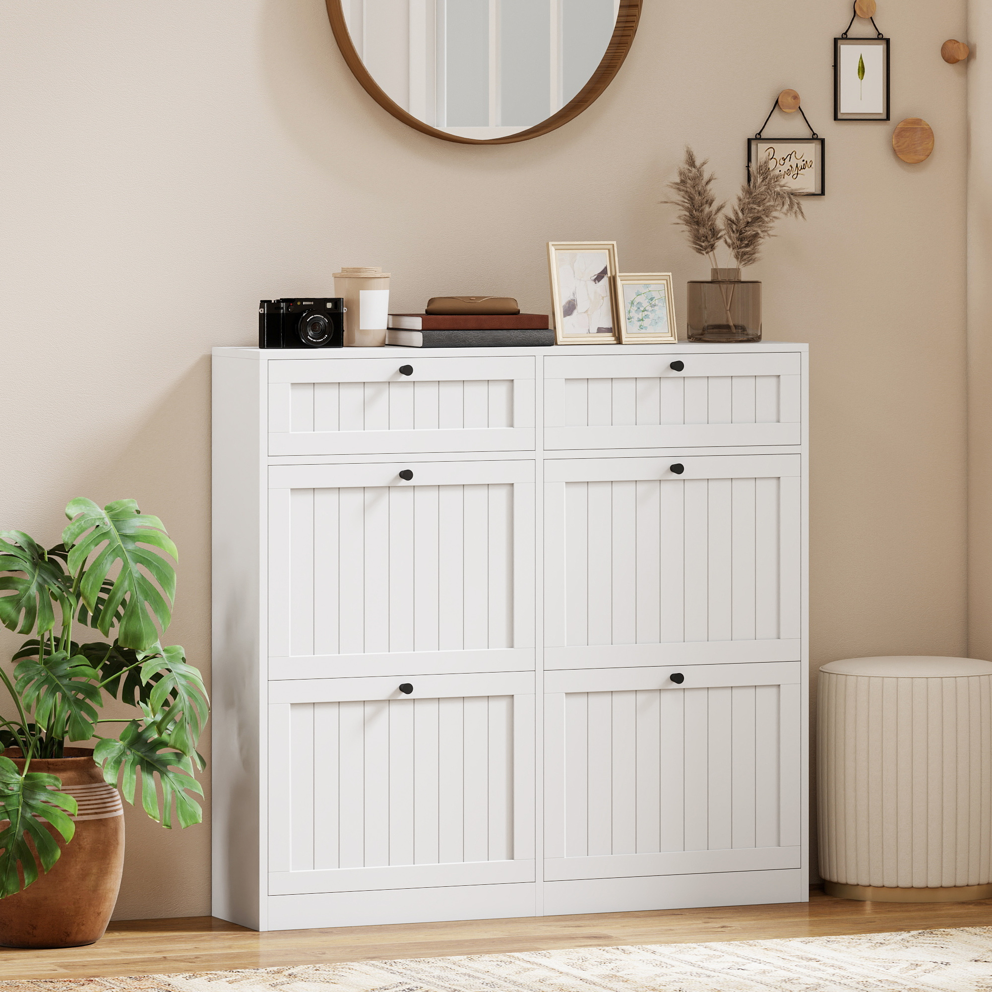 Shoe Cabinet with 2 Large Flip Drawers, Farmhouse Narrow Shoe Storage Cabinet with 2 Top Compartments, White - Image 6