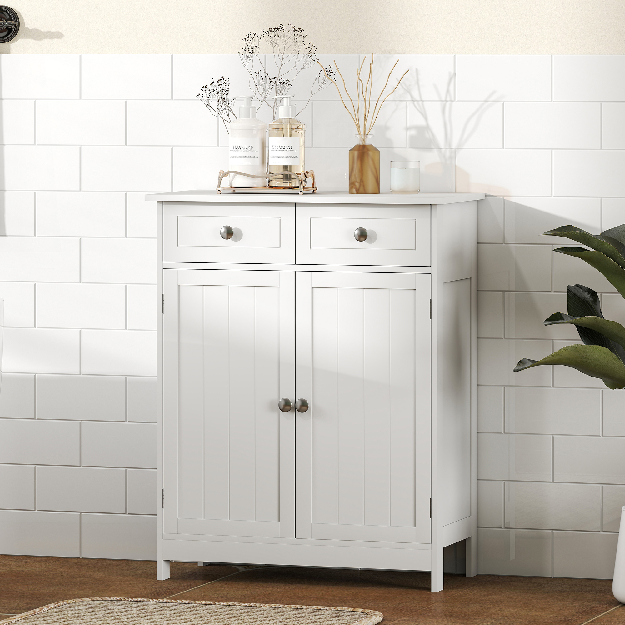 Freestanding Bathroom Floor Cabinet, Organizer Floor Tower with 2 Door, 2 Drawers, Adjustable Shelf, White - Image 6