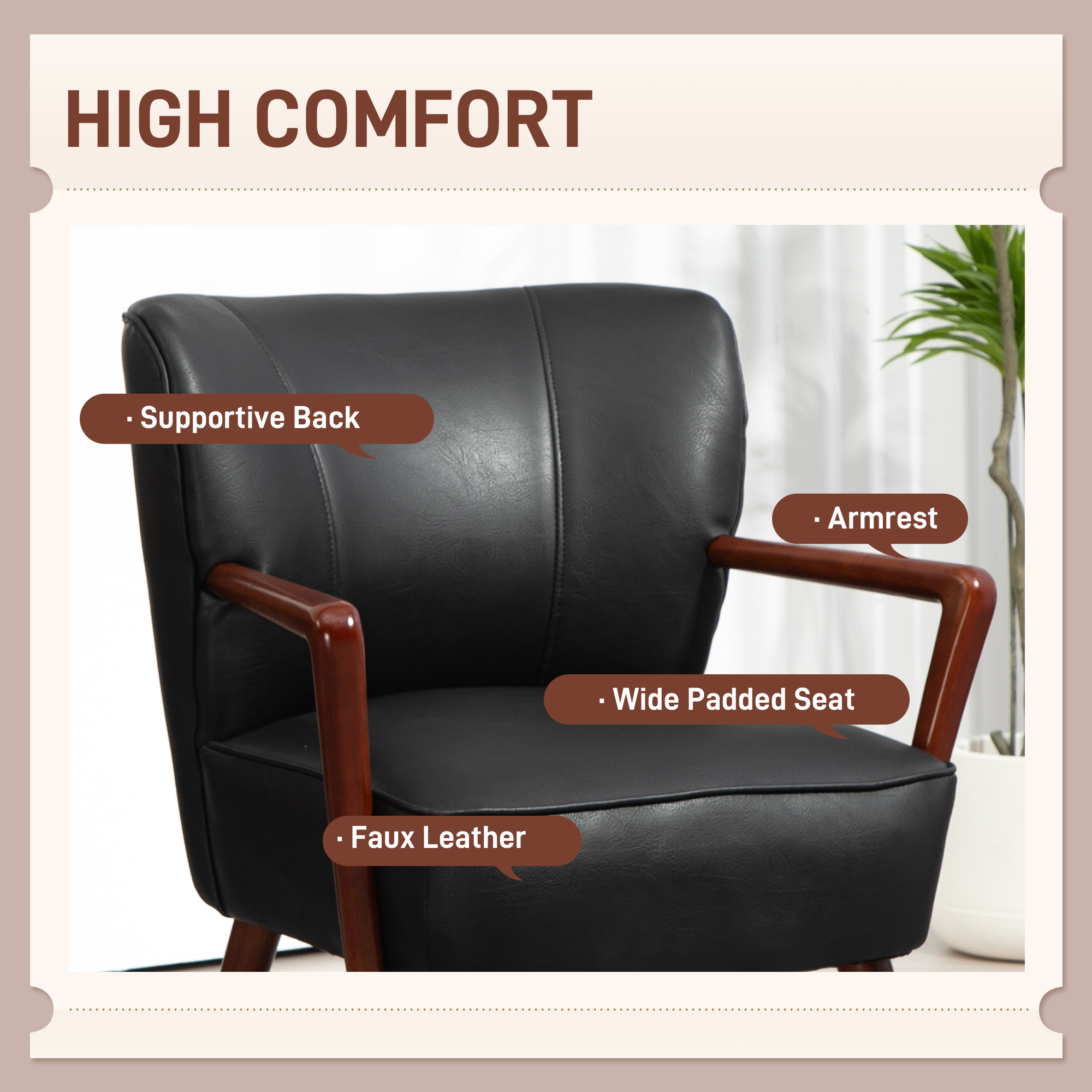 Accent Chair, Modern Armchair, Faux Leather Upholstered Living Room Chair with Wood Legs and Wide Padded Seat, Black - Image 2