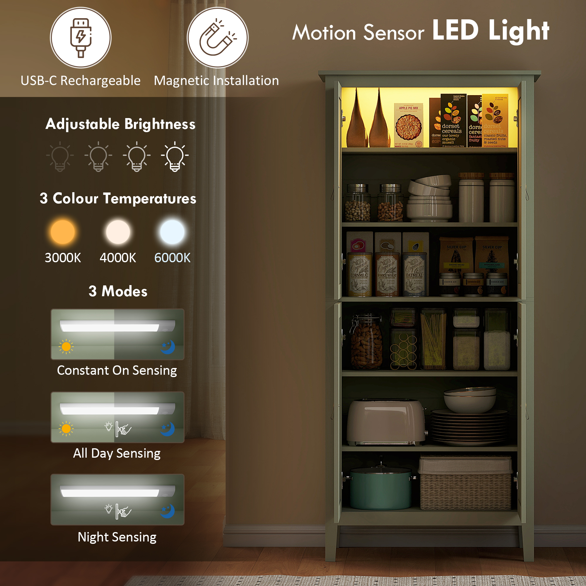 69.5" Tall Kitchen Pantry Storage Cabinet with Motion Sensor LED Light, Modern Kitchen Pantry Cabinet, Green - Image 2