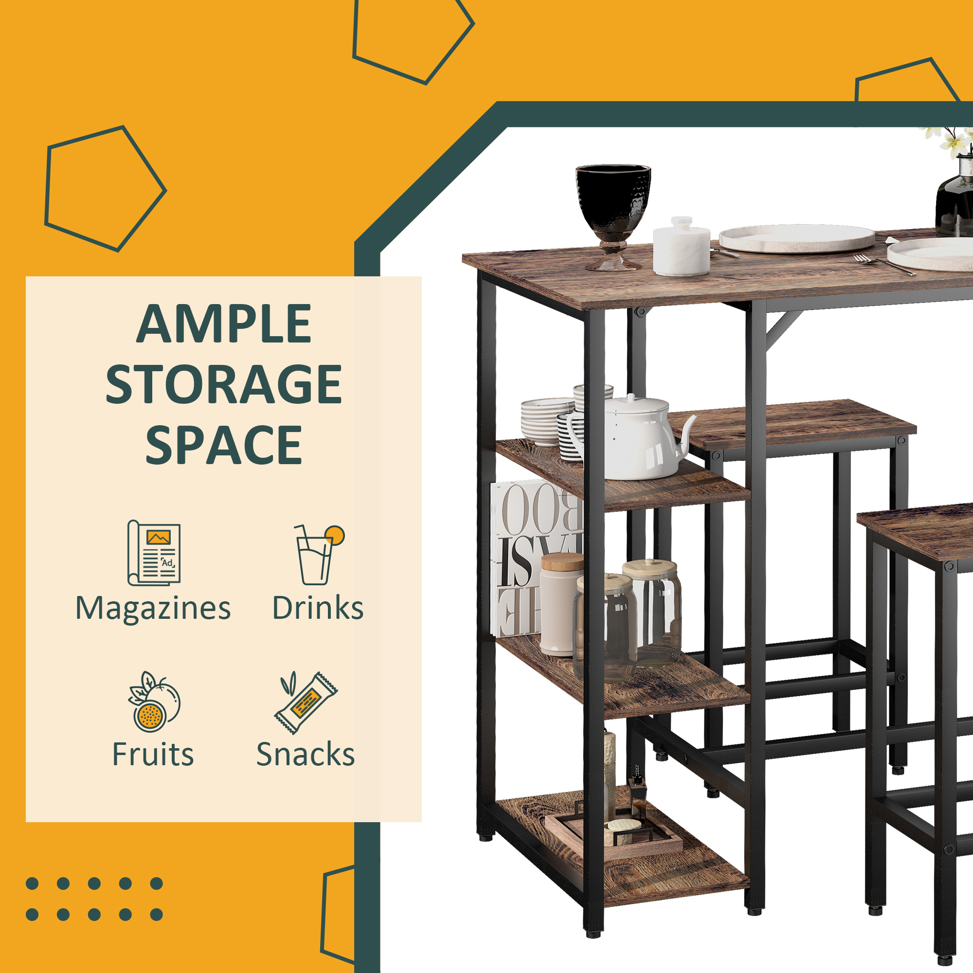 Industrial Dining Table Set for 2, Bar Table and Stools Set, Counter Height Kitchen Table with Chairs with Storage Shelf, Rustic Brown - Image 5