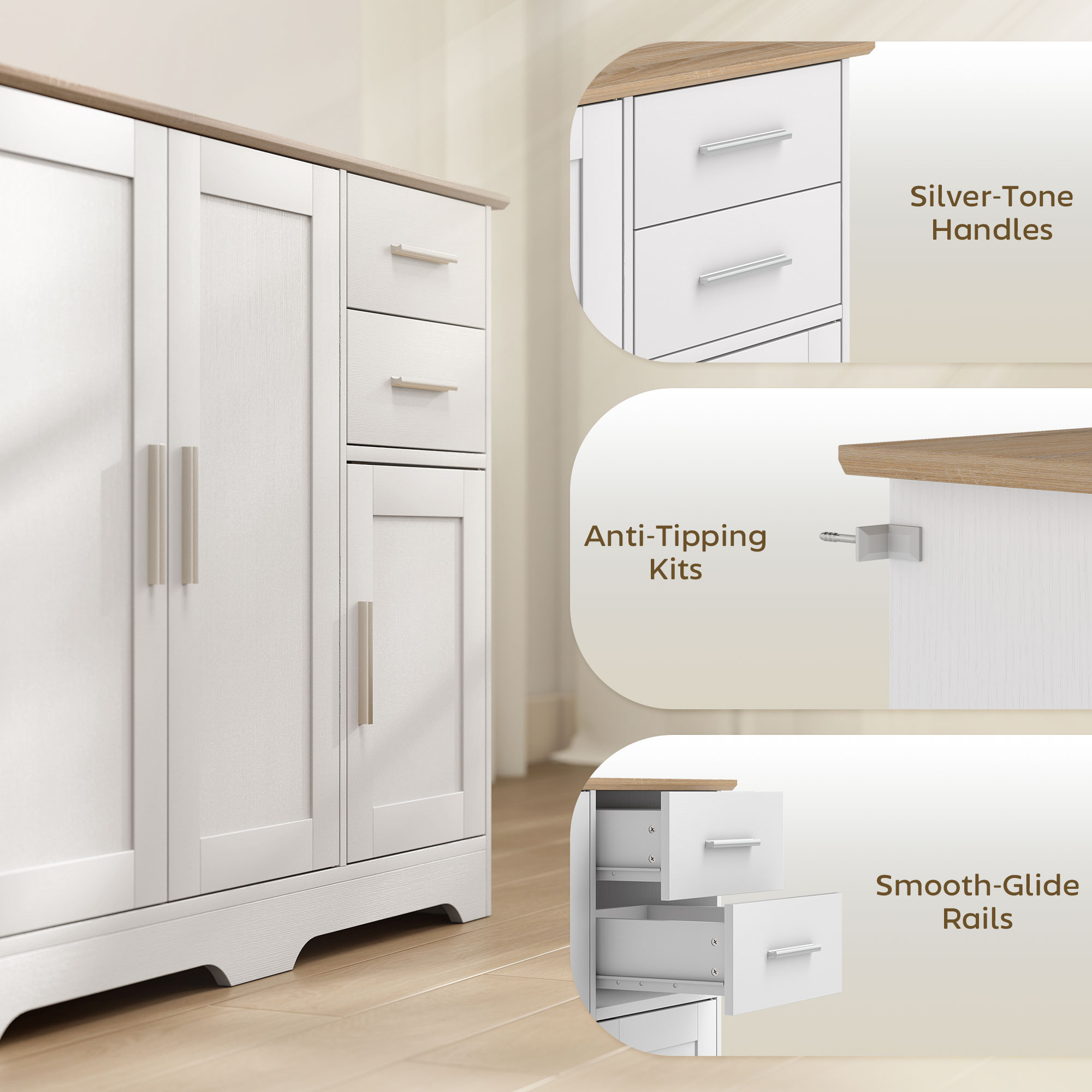 40" Sideboard Buffet Cabinet, Modern Kitchen Storage Cabinet with 2 Drawers, 3 Doors & Adjustable Shelf, White - Image 4